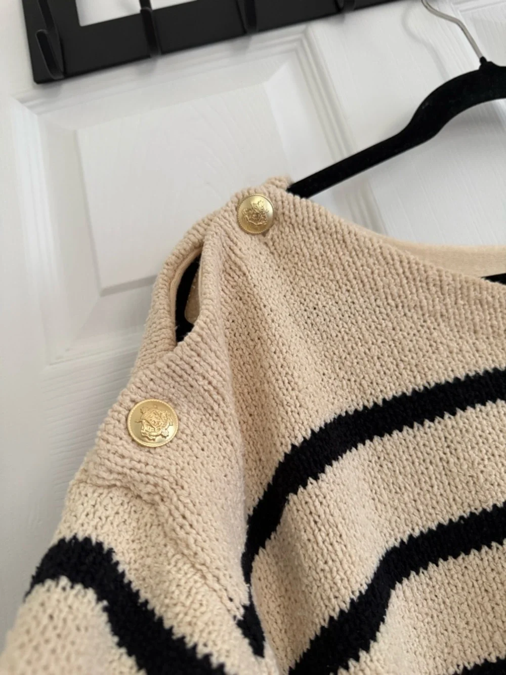 J. Crew Cream and Black Striped Boatneck Sweater with Gold Shoulder Buttons - 3X - Picture 3 of 15